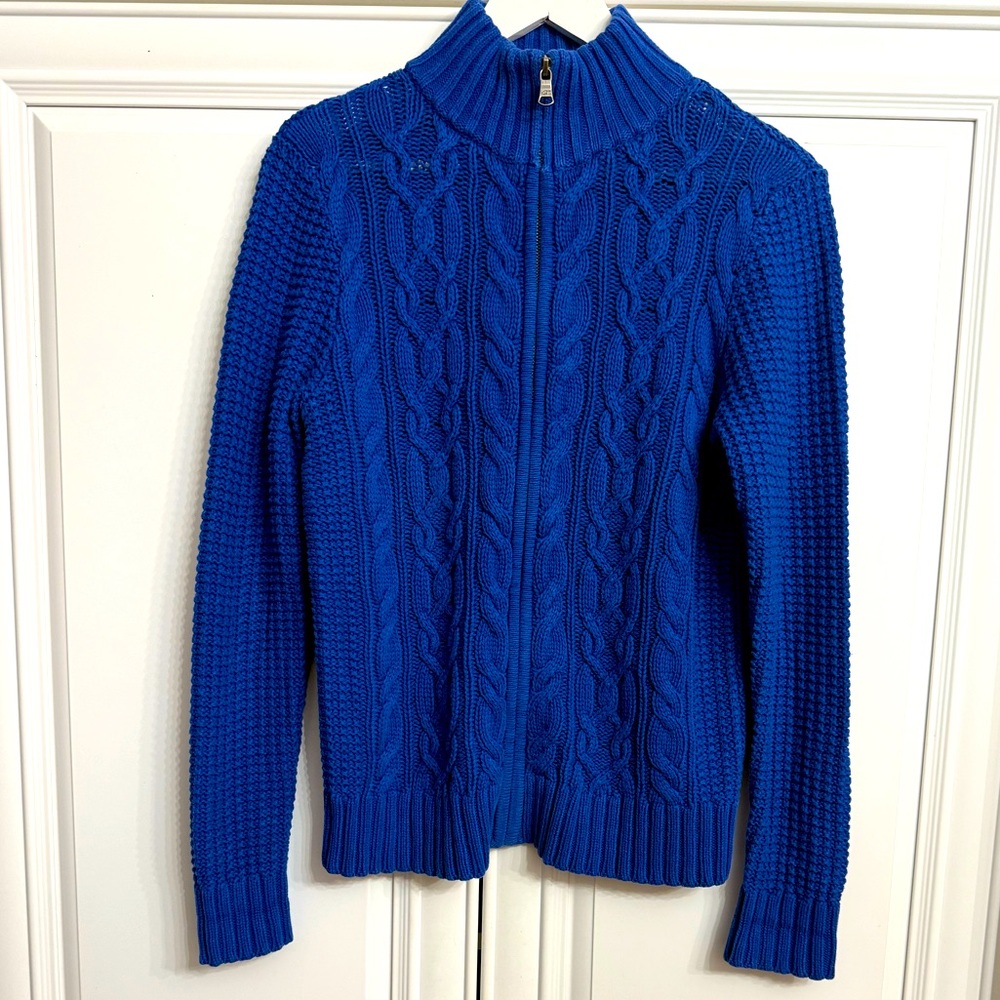 Ralph Lauren Size Large Blue Cable Knit Cardigan Zipper Front Stand Up Collar
